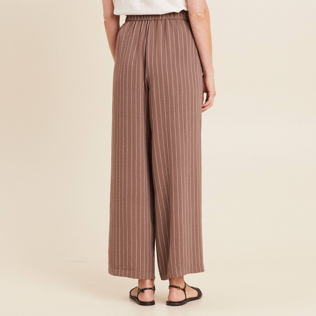 Pantalon large taille haute taupe femme