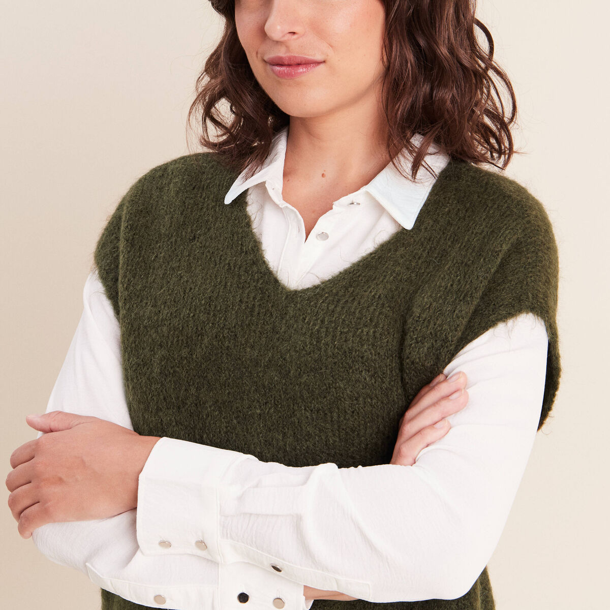 Pull sans manches vert kaki femme