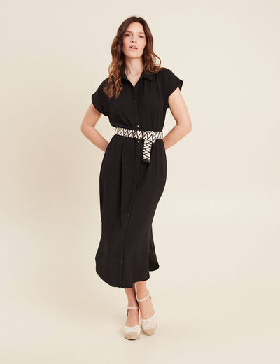 Robe chemise droite ceinturée noir femme