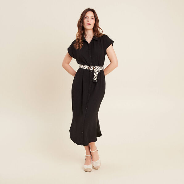Robe chemise droite ceinturée noir femme