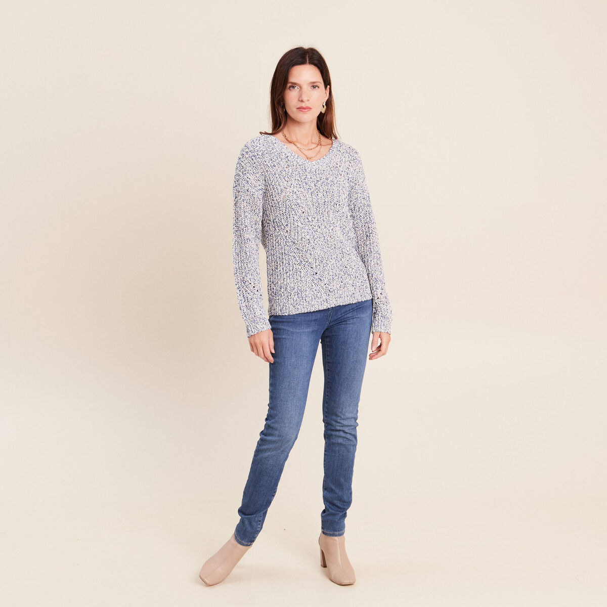 Pull col v bleu roi femme