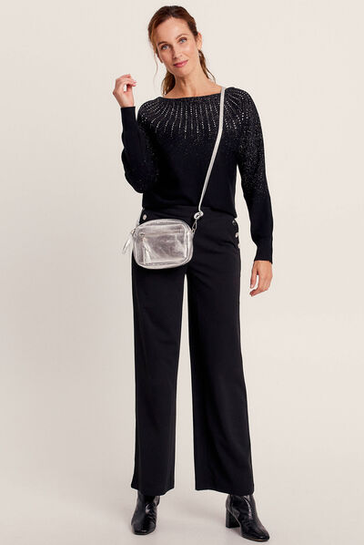 Pull manches longues à strass noir femme