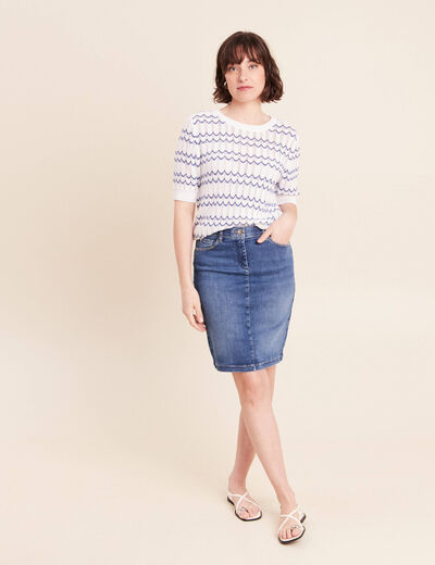 Pull col rond manches courtes bleu femme