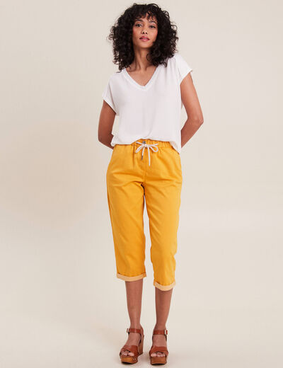 Pantacourt large taille haute jaune moutarde femme