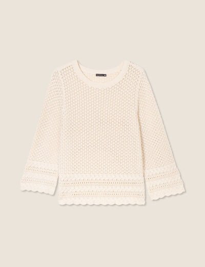 Pull manches 3/4 ajouré ecru femme