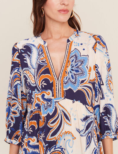 Robe courte &eacute;vas&eacute;e col v manches 3/4 bleu femme