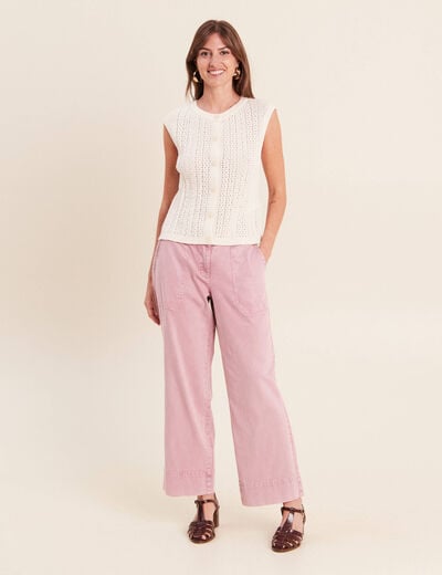 Gilet ajour&eacute; droit court col rond ecru femme