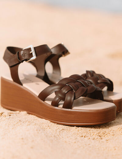 Sandales &agrave; talon compens&eacute; marron fonc&eacute; femme