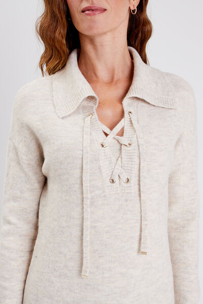Robe pull droite avec laçage creme femme