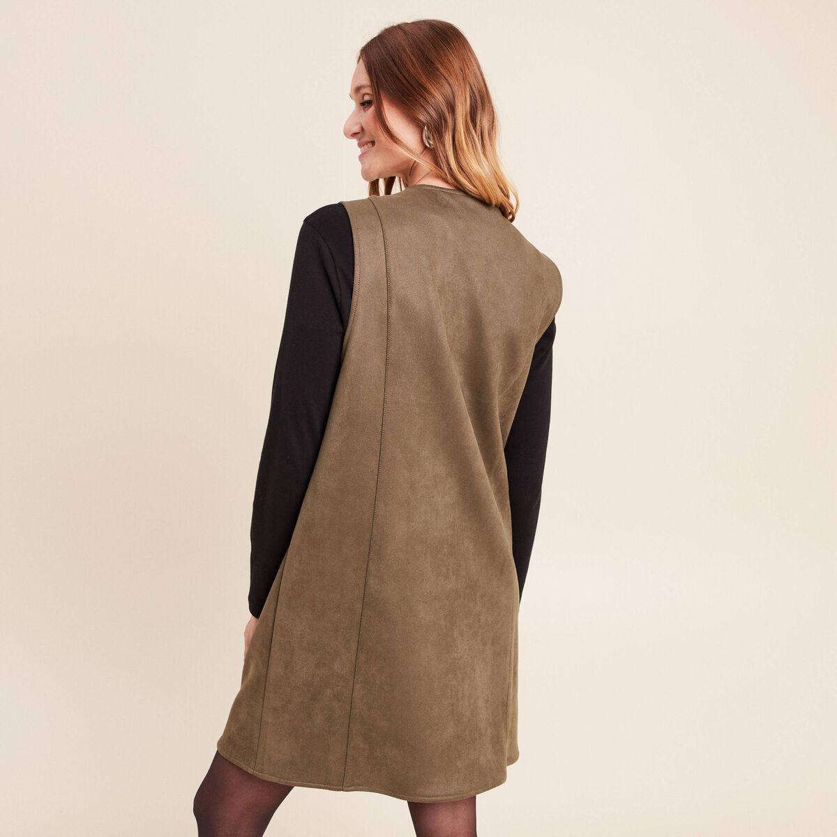 Robe chasuble su&eacute;dine vert kaki femme
