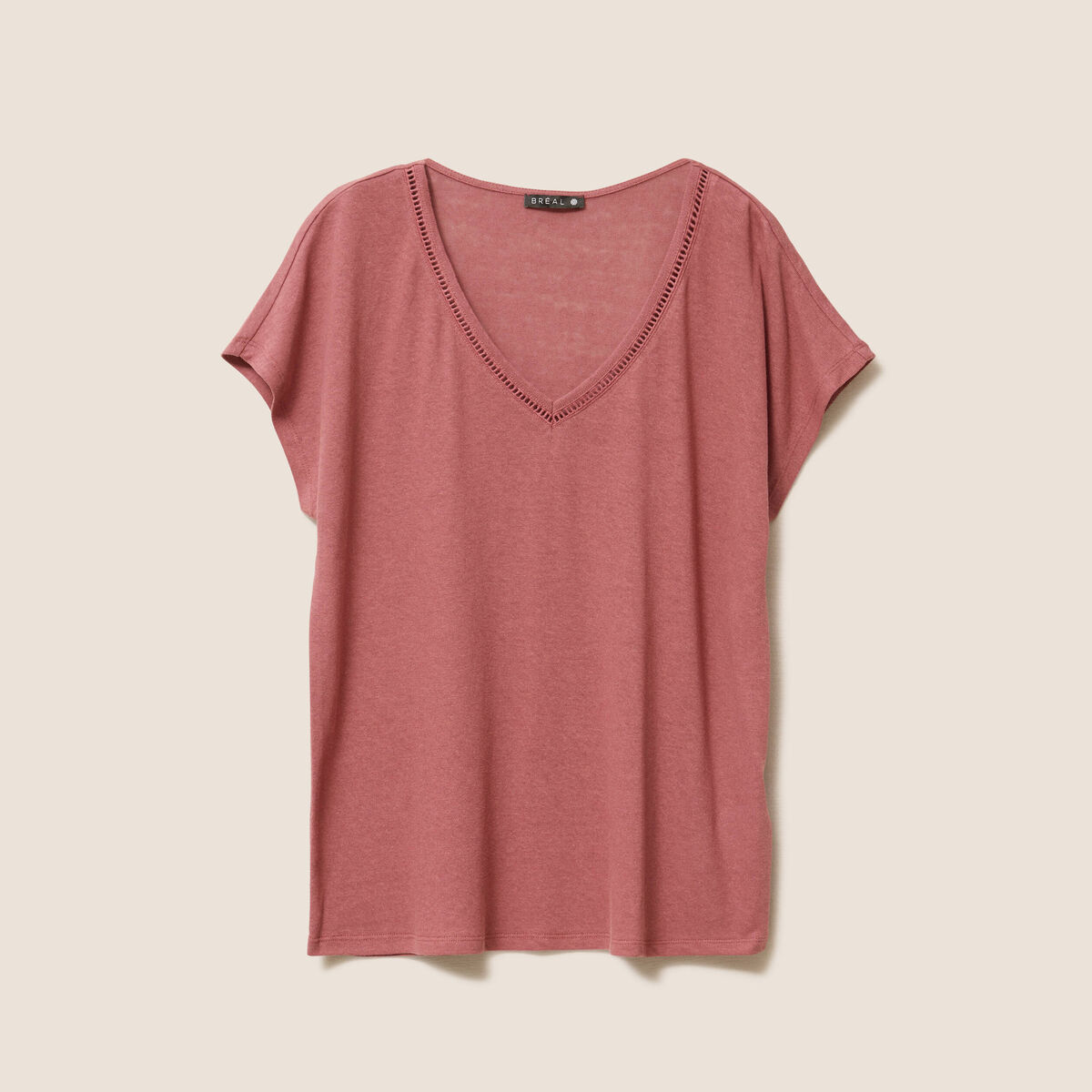 T-shirt col v manches courtes aspect lin vieux rose femme
