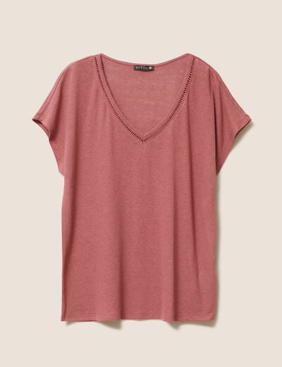 T-shirt col v manches courtes aspect lin vieux rose femme