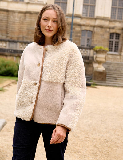 Manteau manches longues fausse fourrure ecru femme