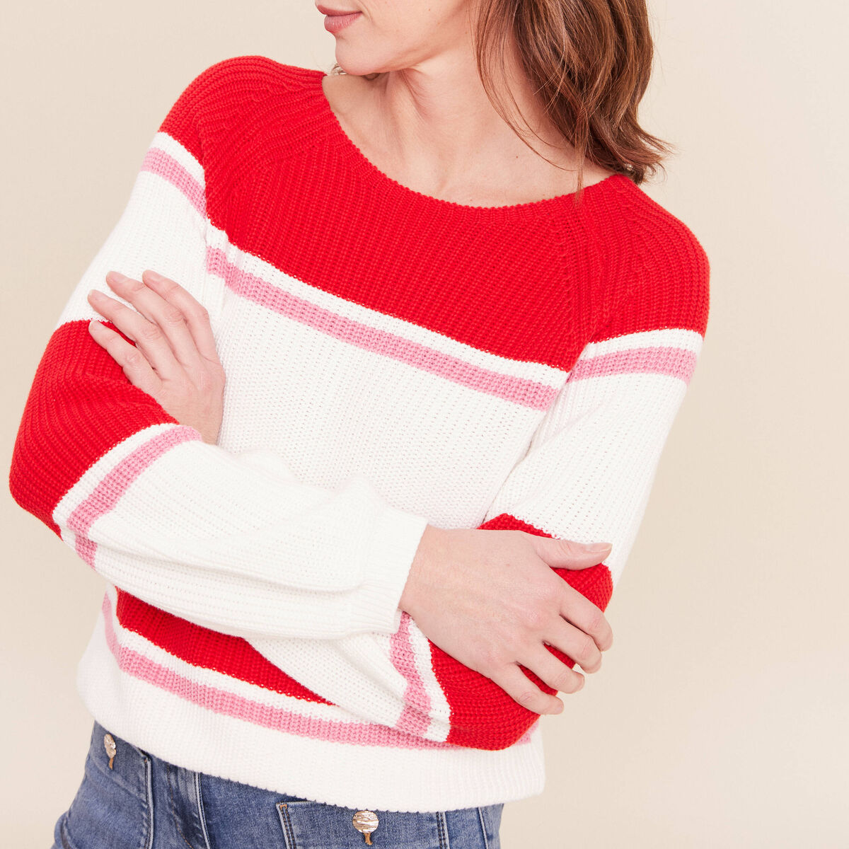 Pull droit col rond en coton ecru femme
