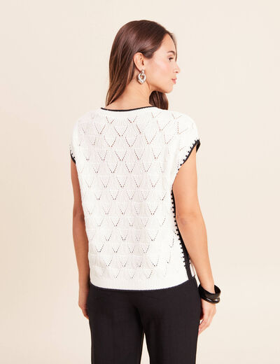 Pull ajour&eacute; sans manches col rond ecru femme
