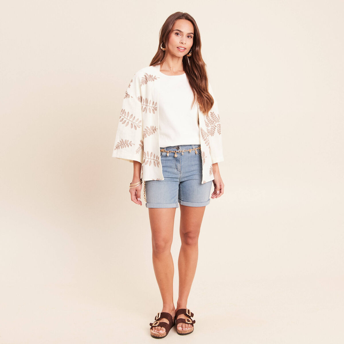 Kimono brod&eacute; manches 3/4 ecru femme