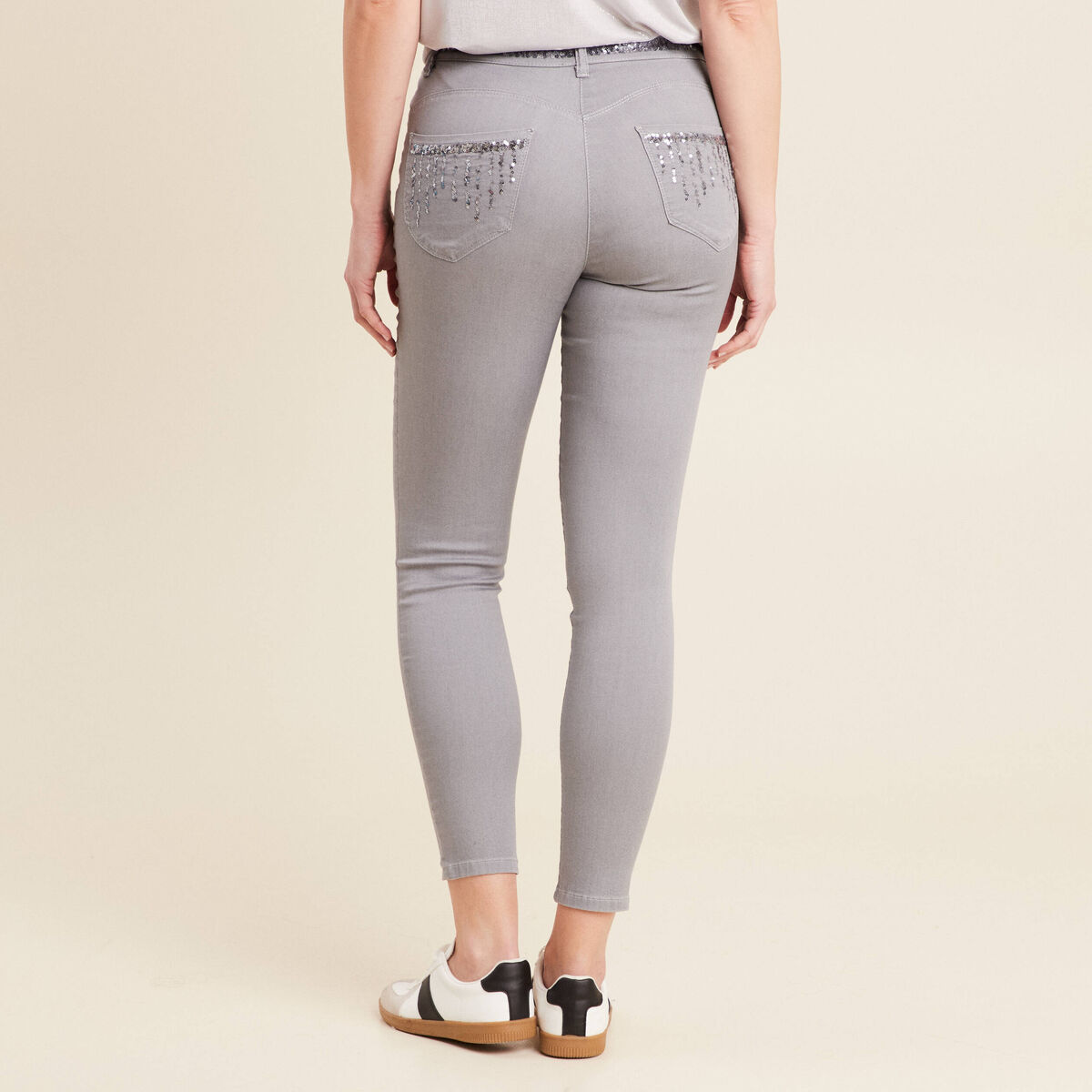 Pantalon ajusté sequins denim gris clair femme