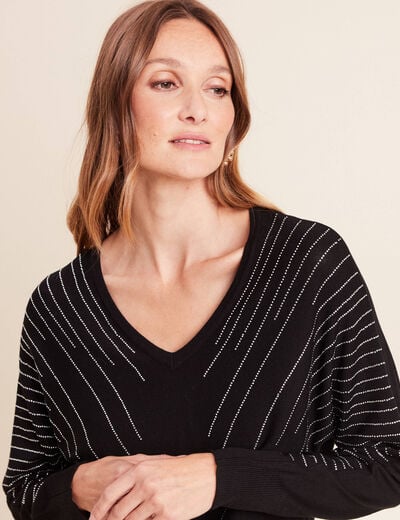 Pull ajust&eacute; col bateau strass noir femme