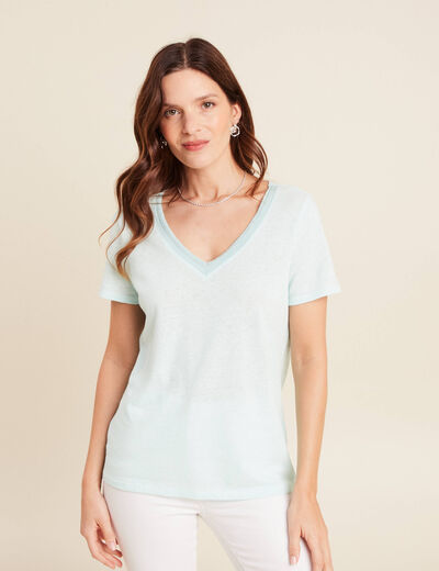 T-shirt manches courtes col en V bleu turquoise femme