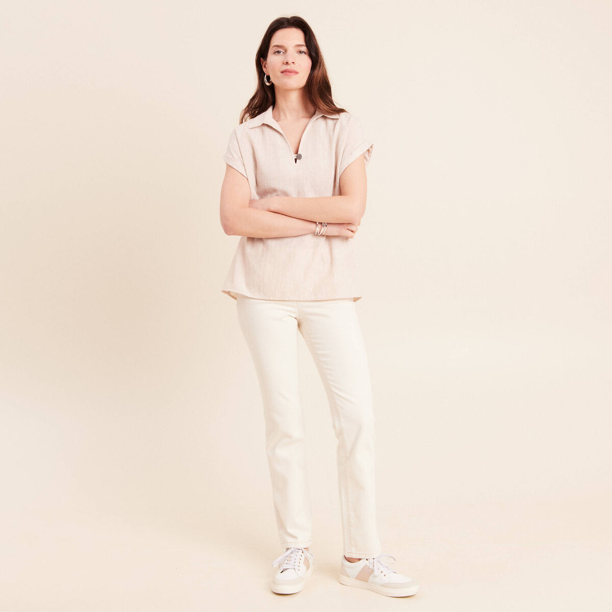 Blouse manches courtes fluide beige femme
