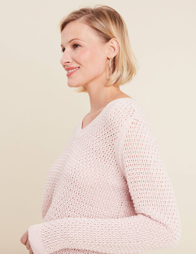 Pull manches longues col en V rose clair femme