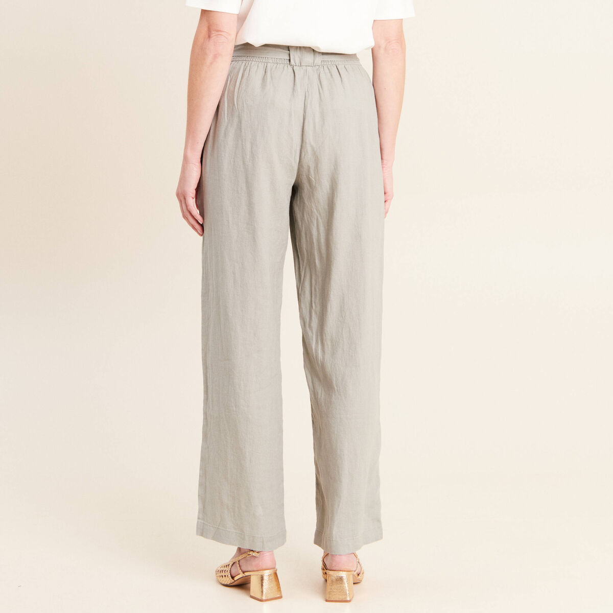 Pantalon large taille haute aspect lin vert clair femme