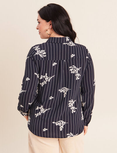 Chemisier droit manches longues fluide bleu marine femme