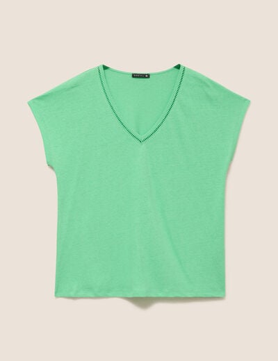 T-shirt col v manches courtes aspect lin vert fluo femme