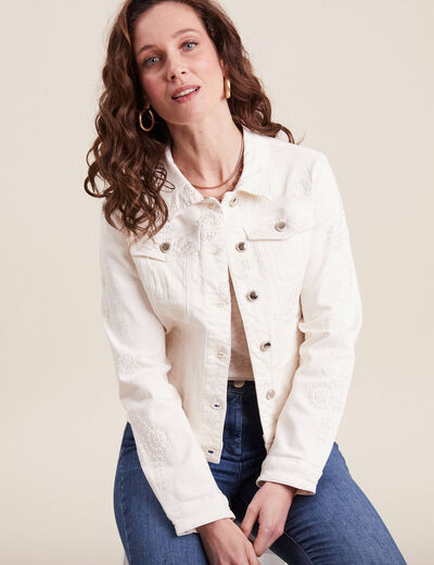 Veste cintrée en jean brodée ecru femme