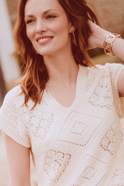 Pull manches courtes ajouré ecru femme