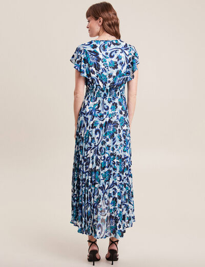 Robe longue droite plissée bleu femme