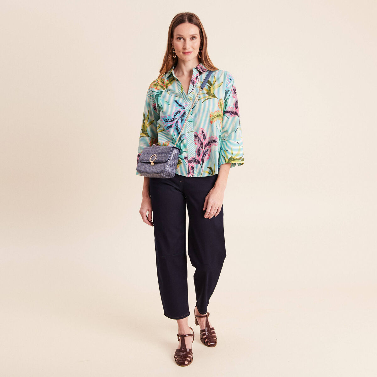 Chemise droite courte manches 3/4 vert femme