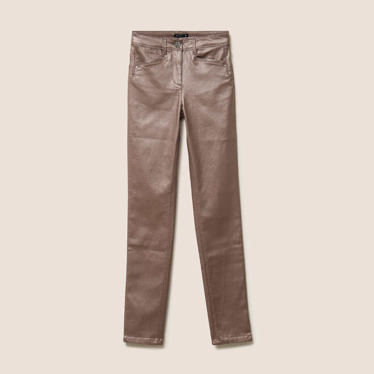 Pantalon iris&eacute; en similicuir marron fonc&eacute; femme
