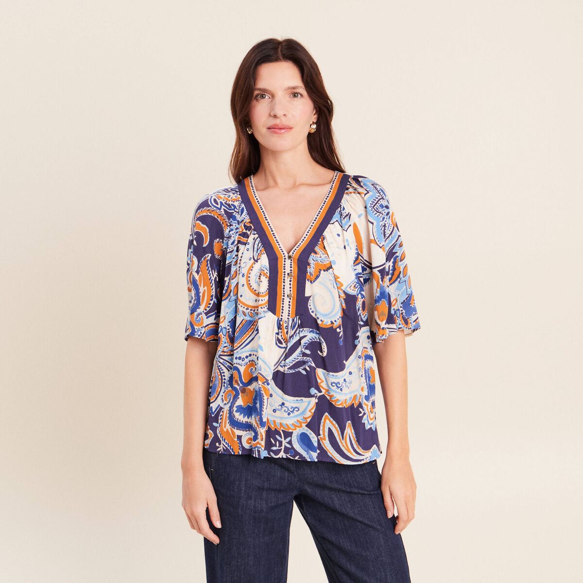 Blouse ample col v manches 3/4 bleu femme