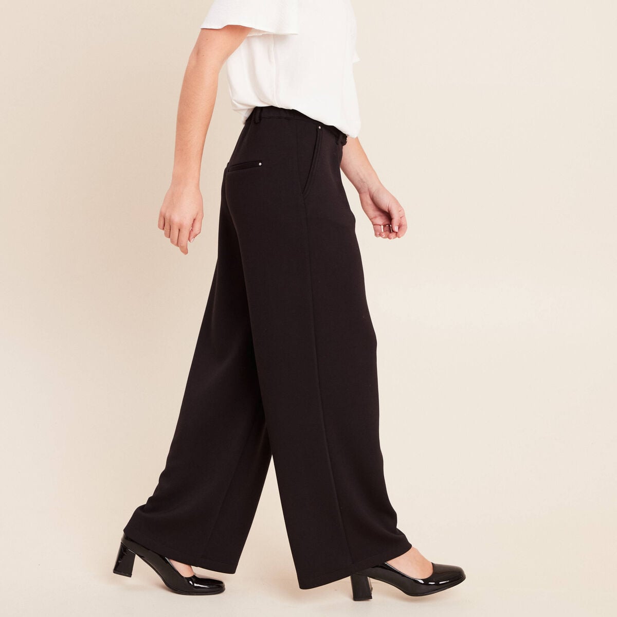 Pantalon coupe large taille haute maille noir femme