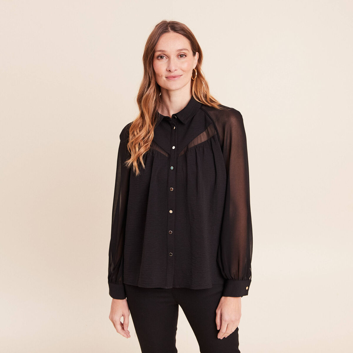 Chemise ample voile doubl&eacute;e col chemise noir femme