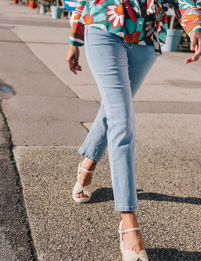 Jean droit taille basculée denim double stone femme