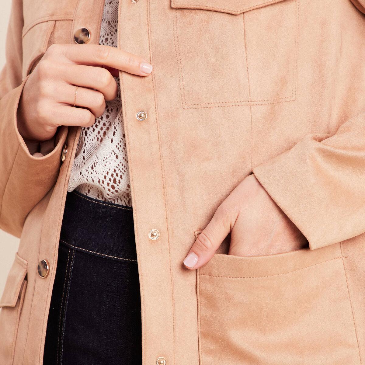 Veste droite longue aspect daim marron clair femme