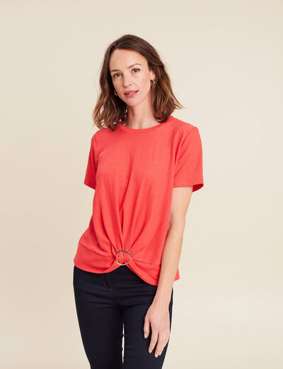 Top court bas resserré col rond rouge corail femme