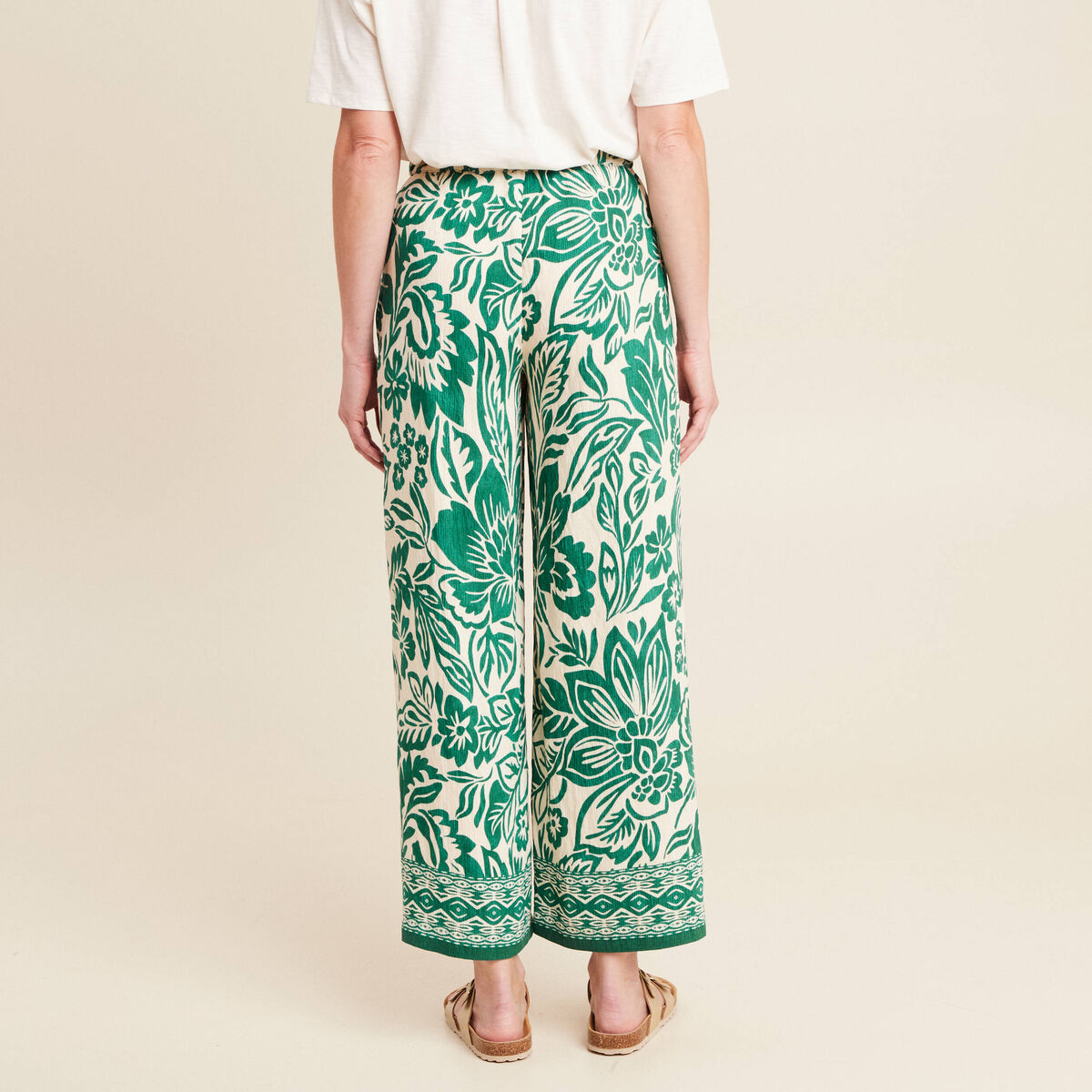 Pantalon large taille haute ecru femme