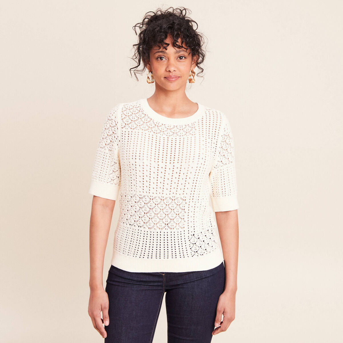 Pull ajour&eacute; col rond manches courtes ecru femme
