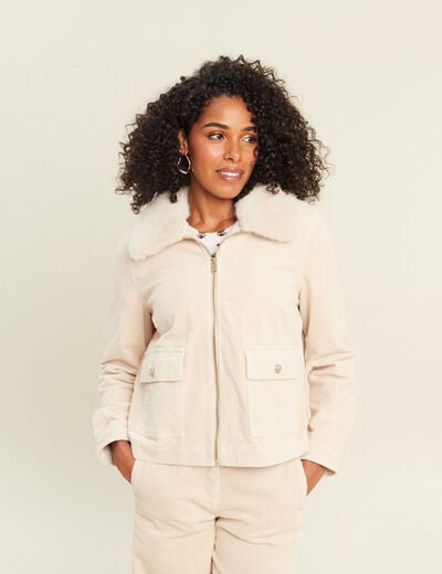 Blouson droit velours manches longues sable femme