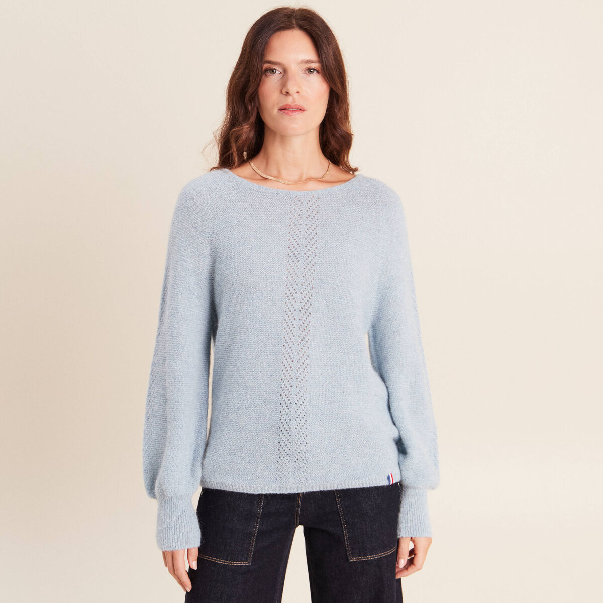 Pull droit col rond manches longues bleu canard femme