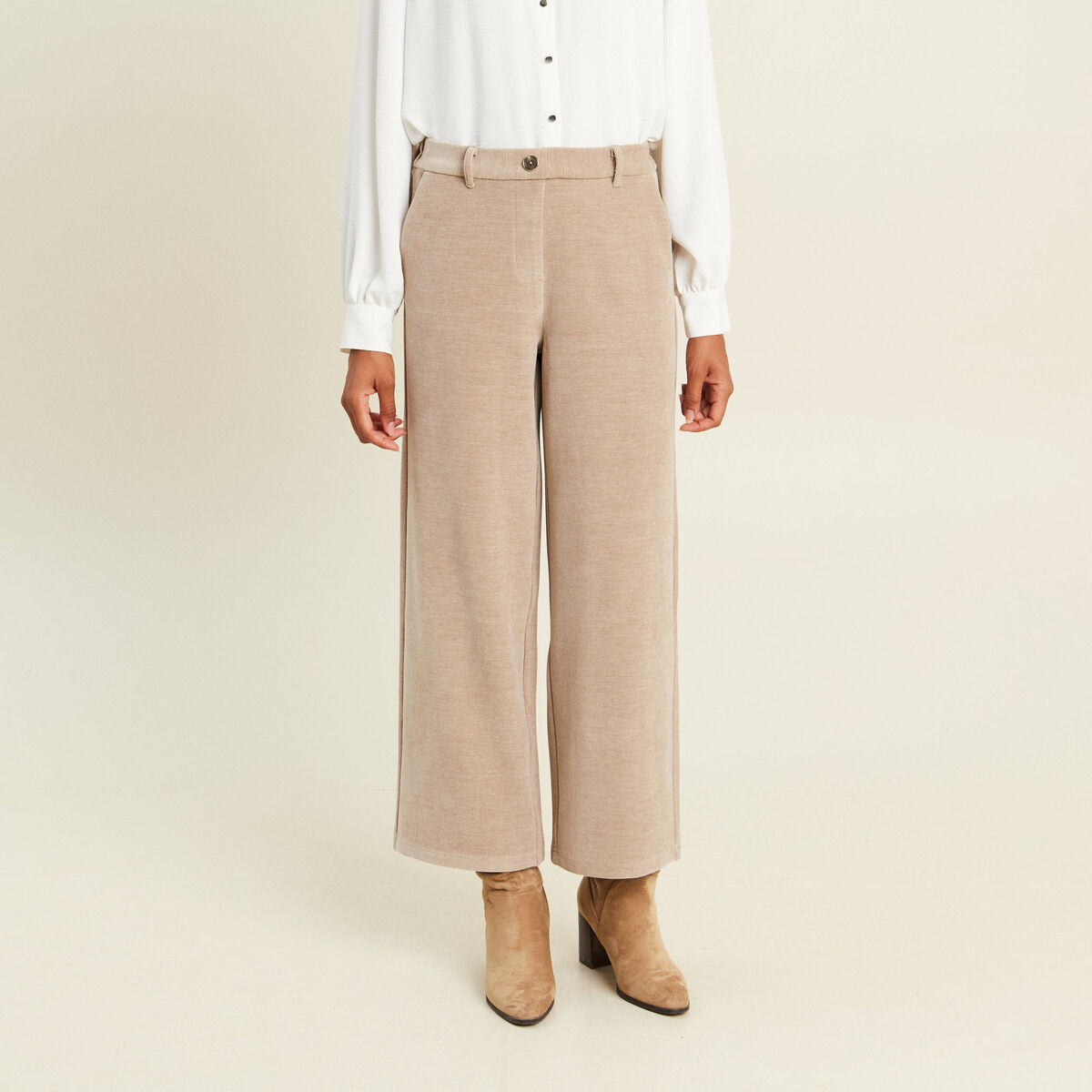 Pantalon loose en velours beige femme