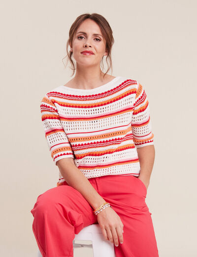 Pull manches 3/4 ajouré orange femme