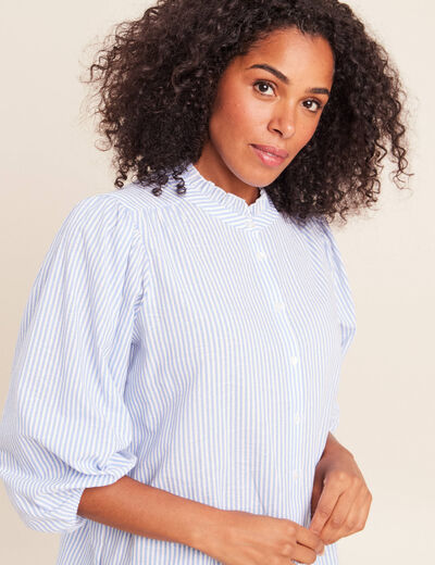 Chemise col montant manches 3/4 bleu femme