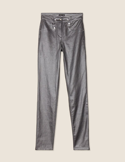 Pantalon ajusté enduit à pont couleur argent femme