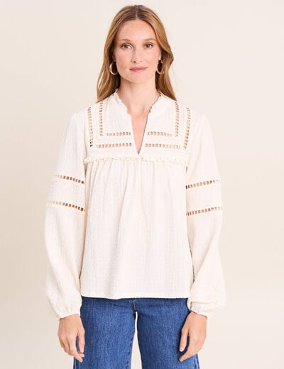 Blouse boh&egrave;me maille cr&ecirc;p&eacute;e ecru femme
