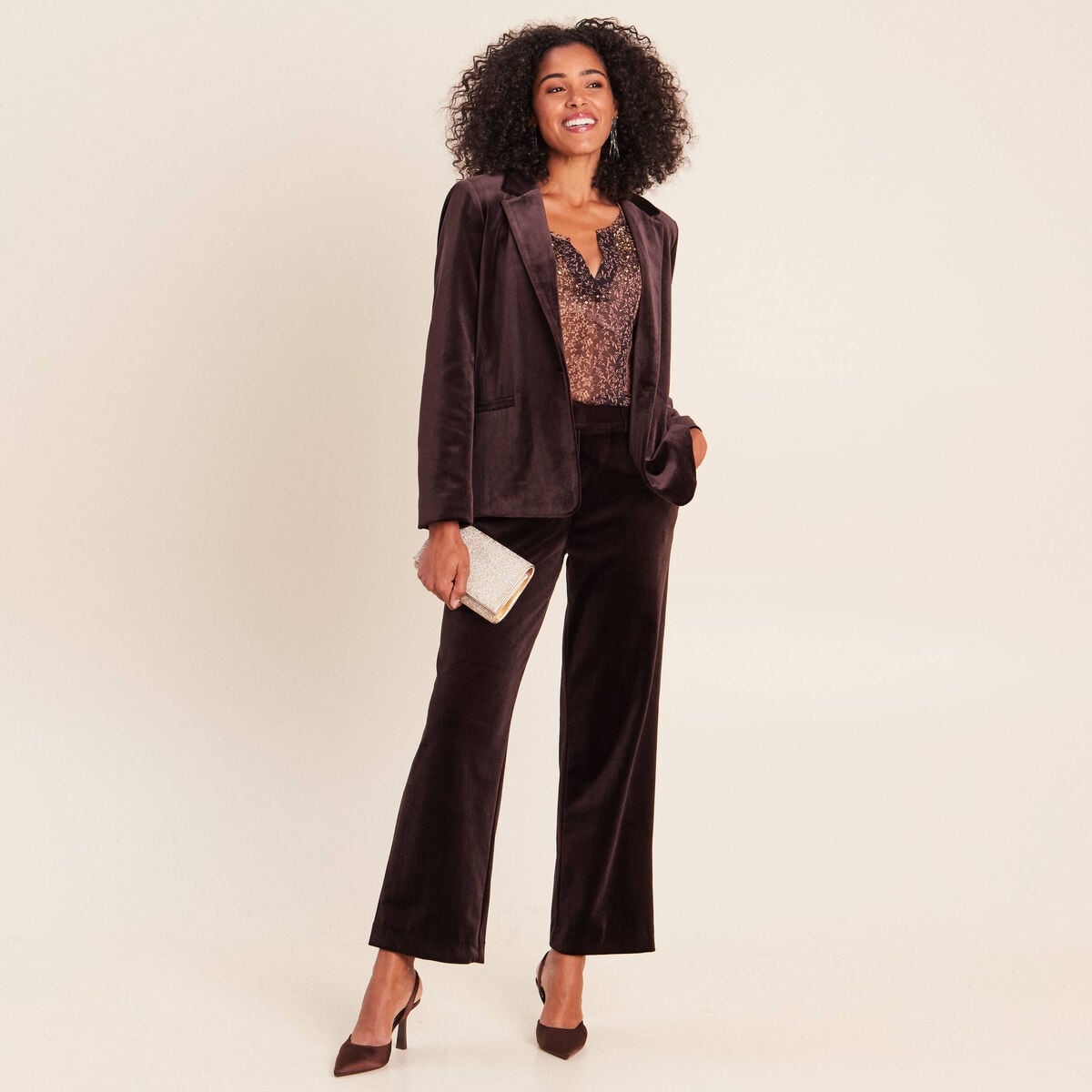 Pantalon large taille haute marron fonc&eacute; femme