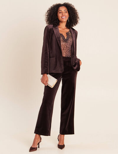 Pantalon large taille haute marron fonc&eacute; femme